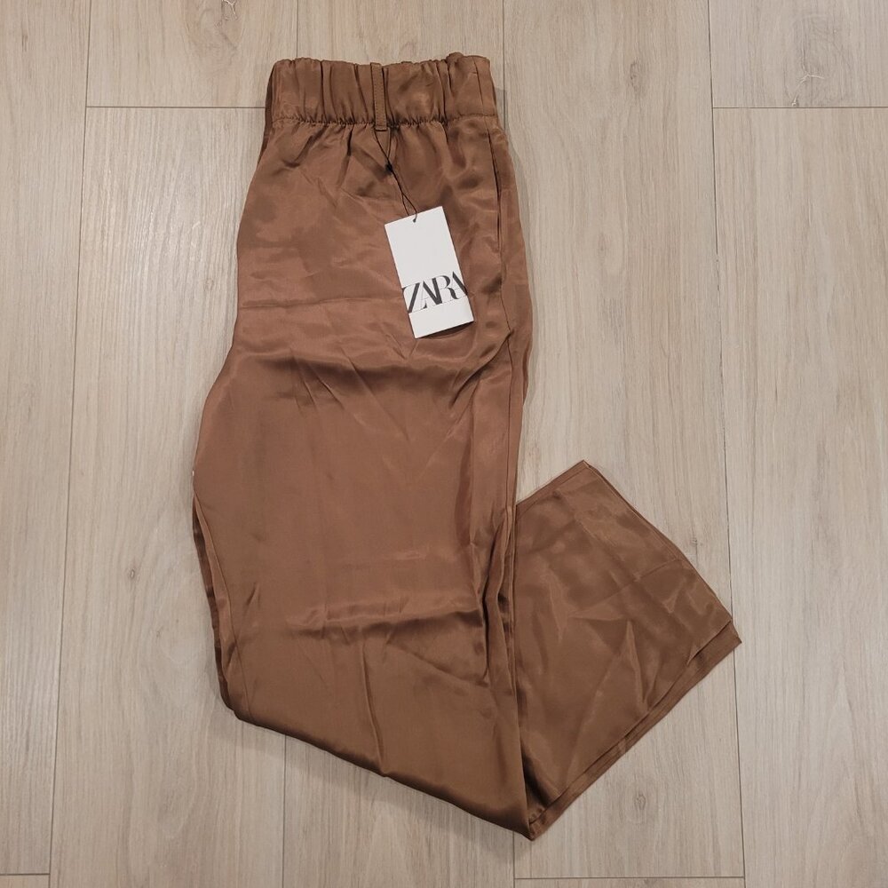 Zara Satin Brown Elastic Waist Pants